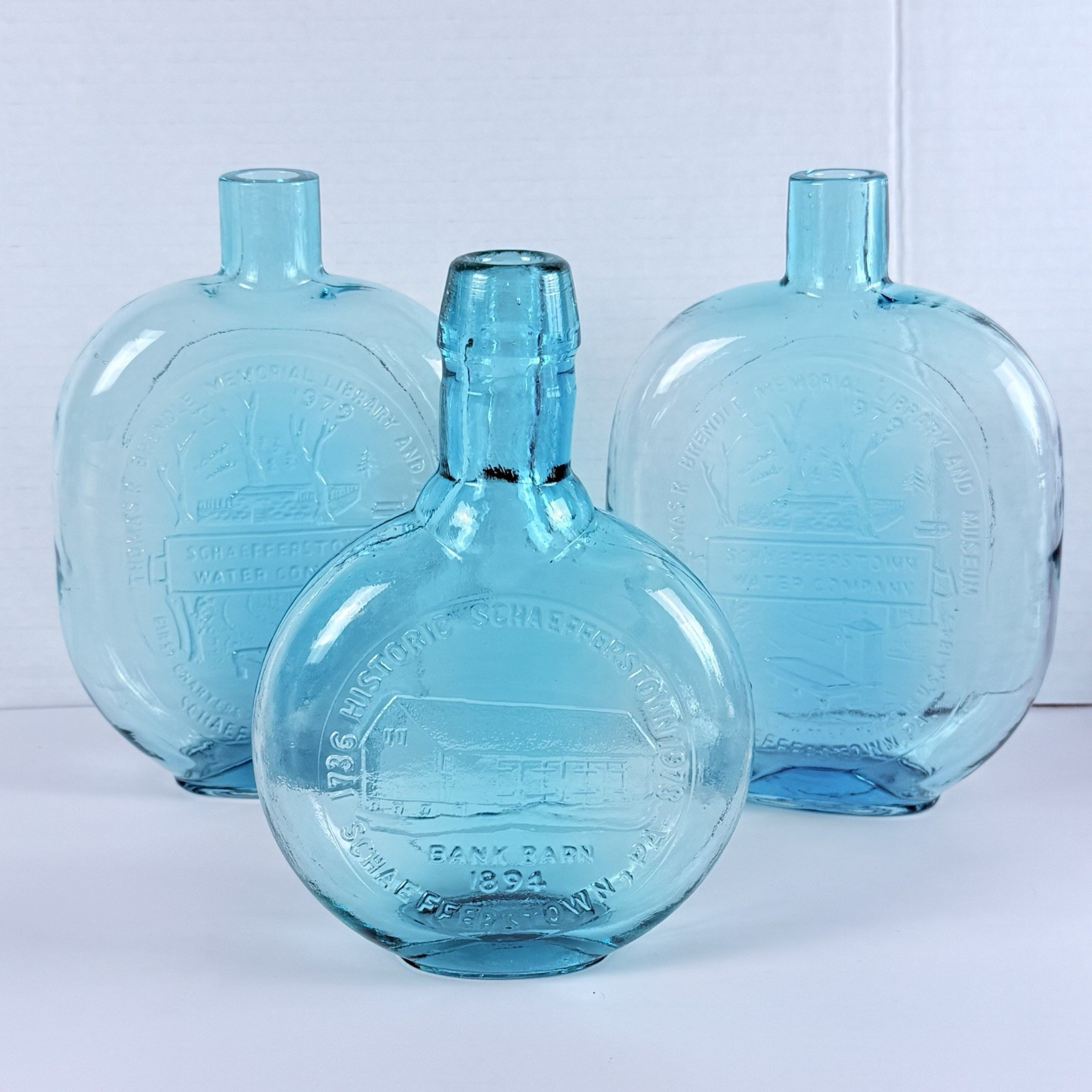 VTG 1976 Bicentennial Glass Flasks Bottles Aqua Blue Schaefferstown PA Set 3 VTG 1976 Bicentennial Glass Flasks Bottles Aqua Blue Schaefferstown PA Set 3