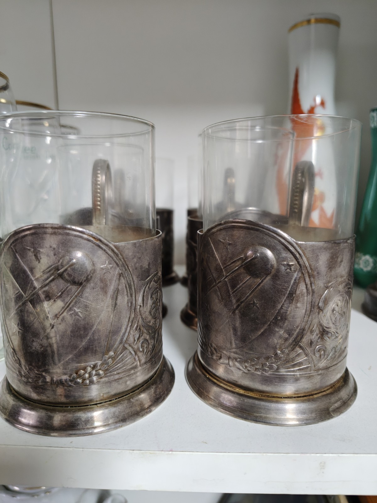 Set of 6 Vintage Podstakannik USSR Sputnik Space Age Tea Glass Holders Retro