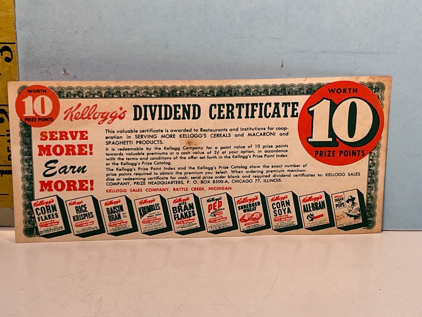 1952 Kellogg\'s Dividend Certification 10 Point prize.