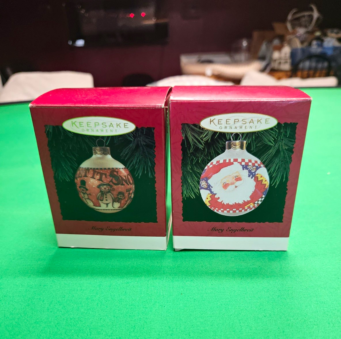 Lot of 2 Vintage 1995 Hallmark Keepsake Ornaments Mary Engelbreit Santa Snowman