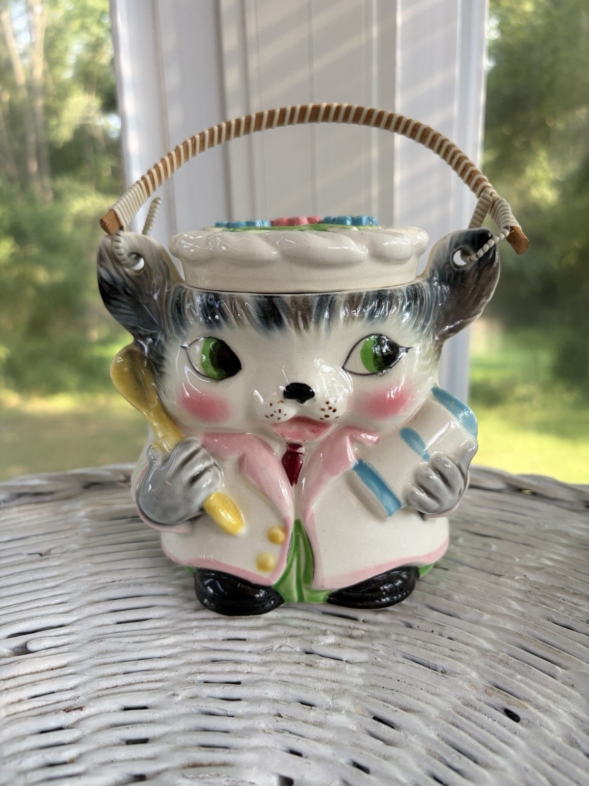 Vintage Mid Century Ceramic Kitty Cat Jar Japan 1950s Anthropomorphic Rattan MCM Vintage Mid Century Ceramic Kitty Cat Jar Japan 1950s Anthropomorphic Rattan MCM