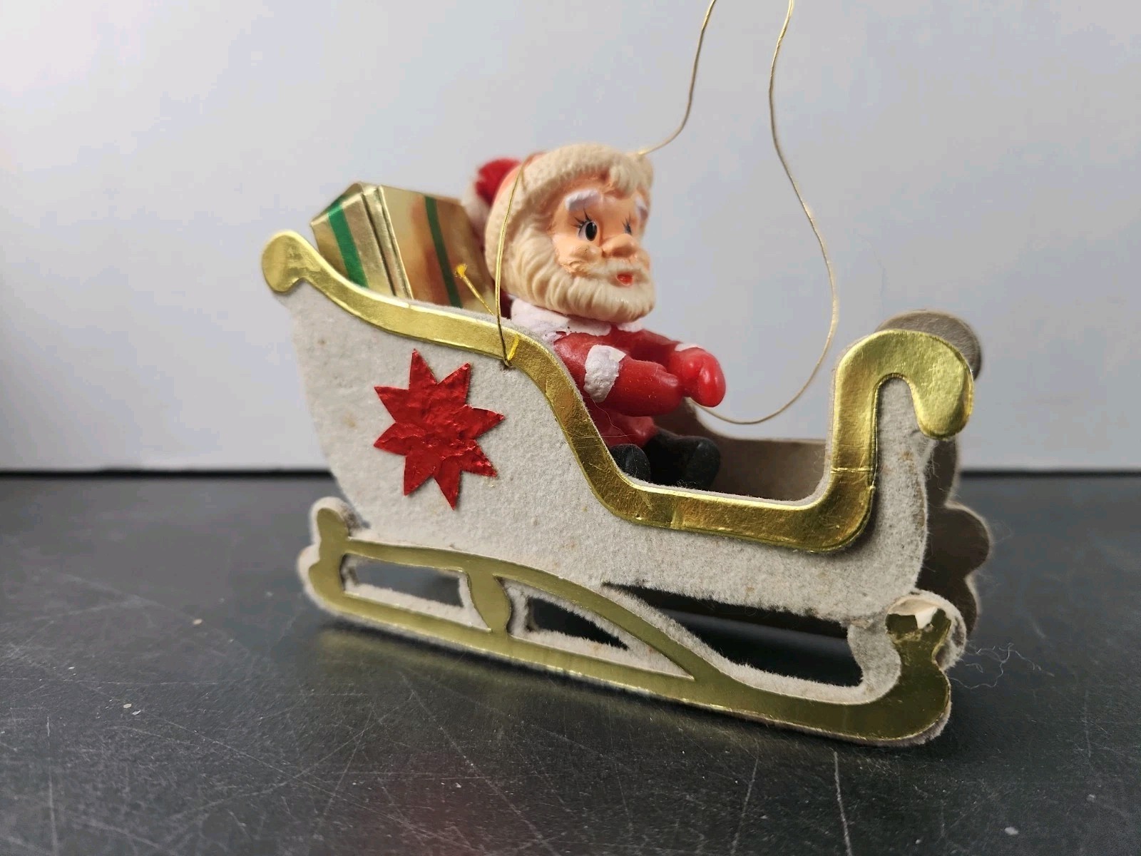 Vintage  Flocked Santa Sleigh Made In Japan Blow Mold Pipe Cleaner Candy Cane 