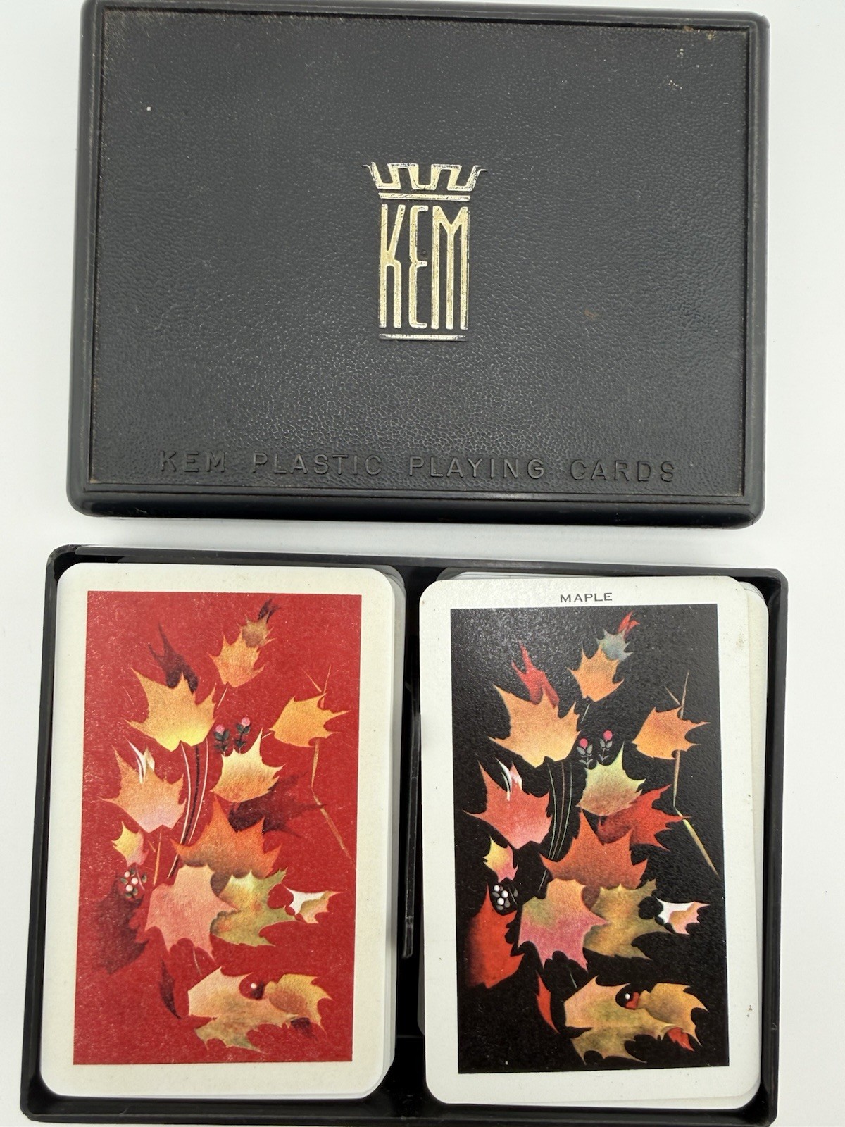 Vintage KEM Plastic Playing Cards Double Deck Autumn Leaves Complete w/ Case