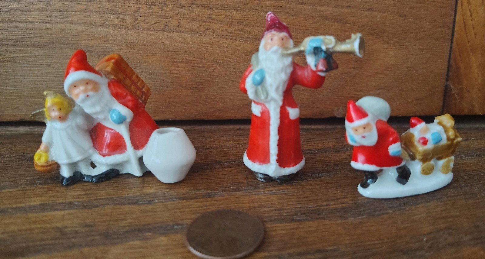 Antique German Bisque Miniature Putz Hertwig Santas Set Of Three Antique German Bisque Miniature Putz Hertwig Santas Set Of Three