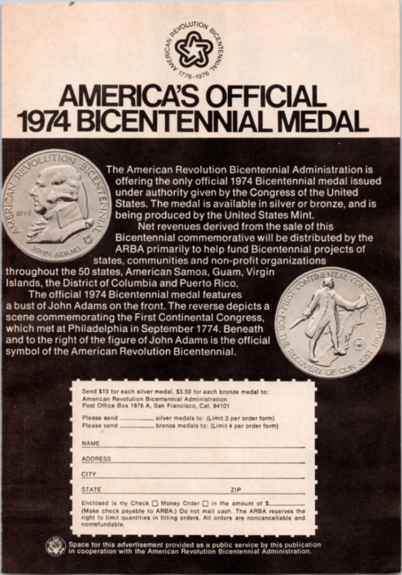 1974 American Revolution Bicentennial Medal Print Ad John Adams US Mint 1974 American Revolution Bicentennial Medal Print Ad John Adams US Mint