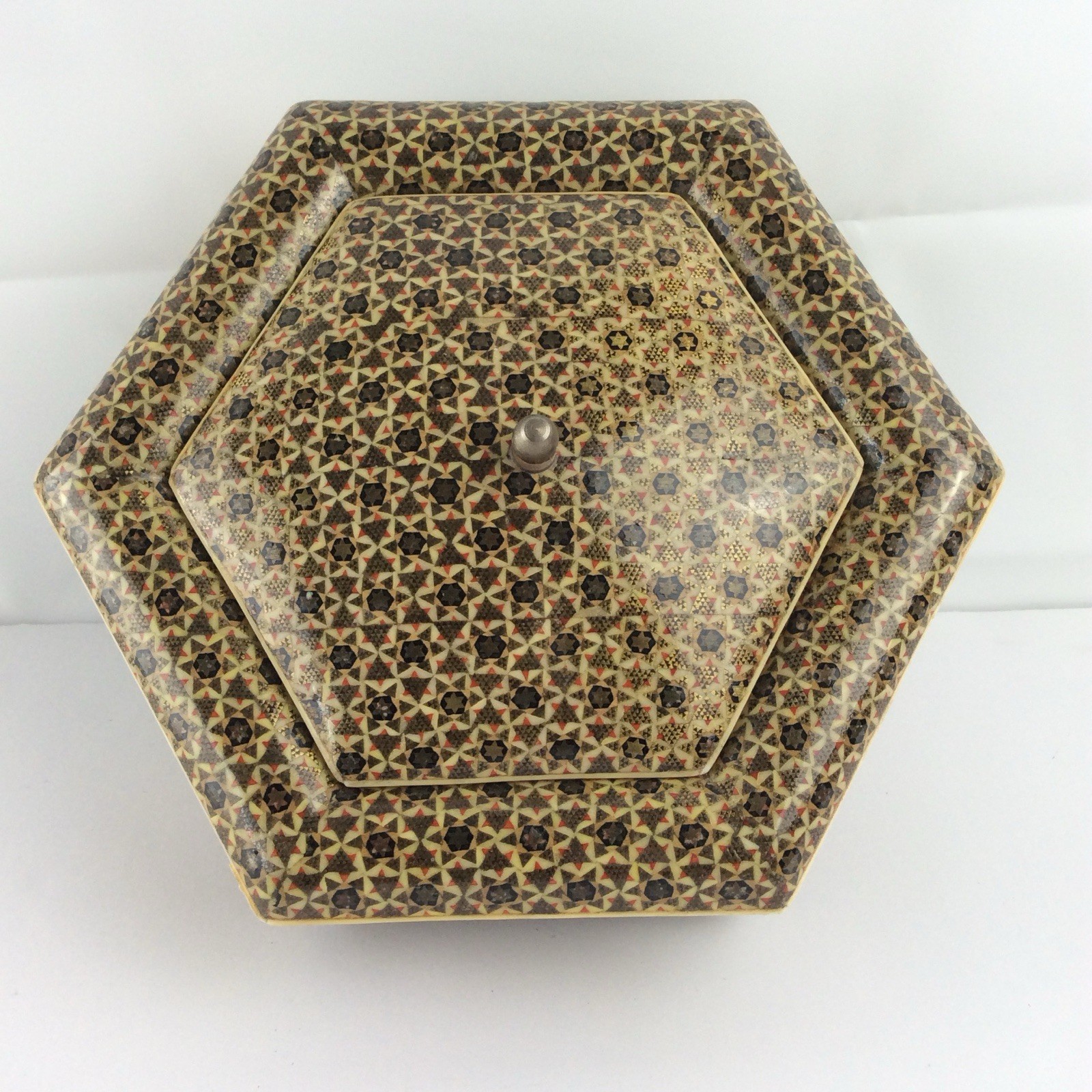 Vintage Persian Khatam Kari Hexagonal Inlaid Marquetry Lidded Box 6.5