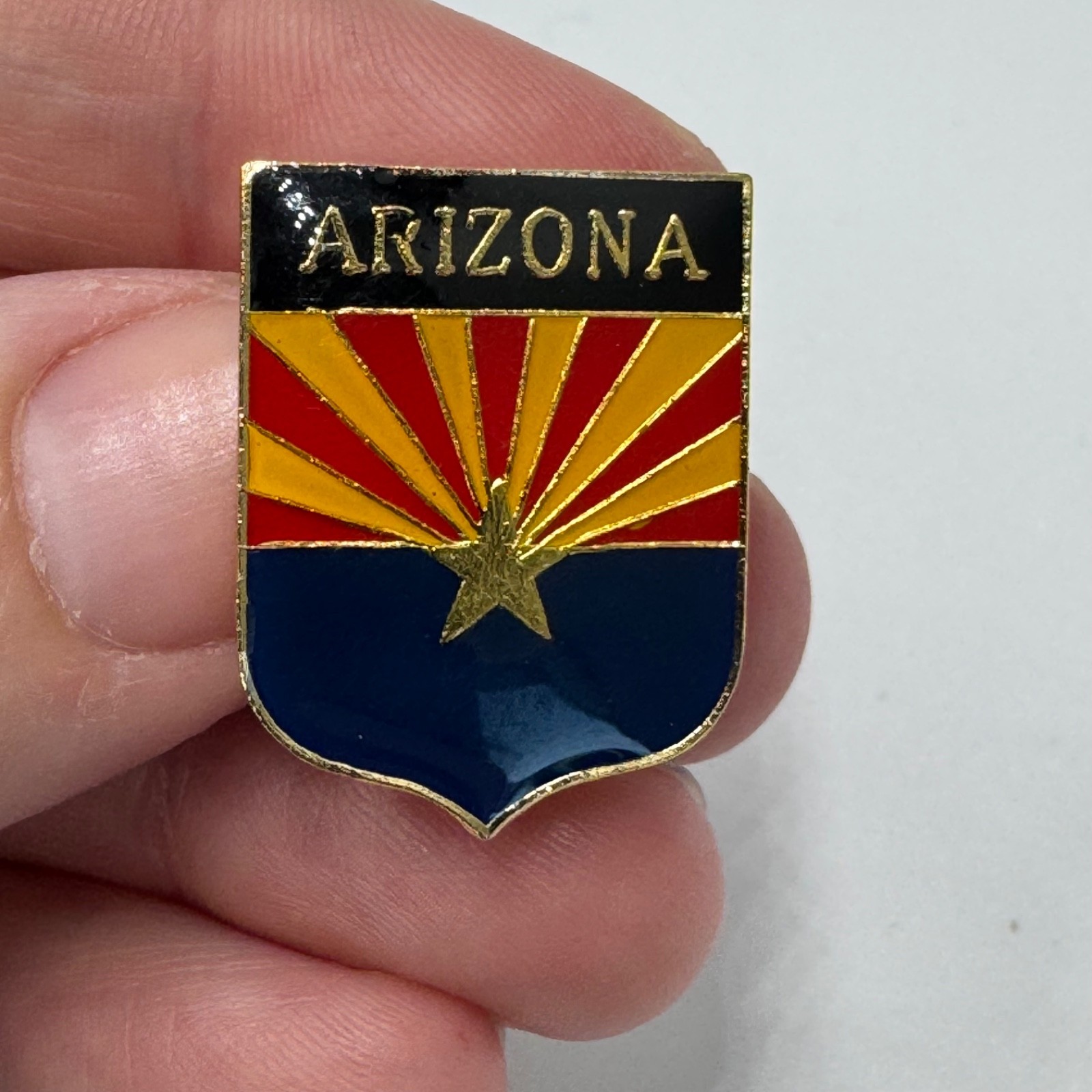 Vintage Arizona State Flag Shield Crest Lapel Pin Red Yellow Blue Enamel Vintage Arizona State Flag Shield Crest Lapel Pin Red Yellow Blue Enamel