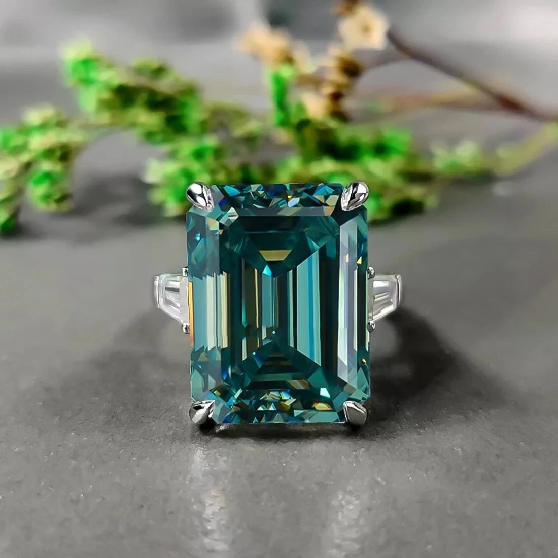 15.20 Cts Emerald Cut Treated Blue Diamond Ring 925 Antique Silver Ring