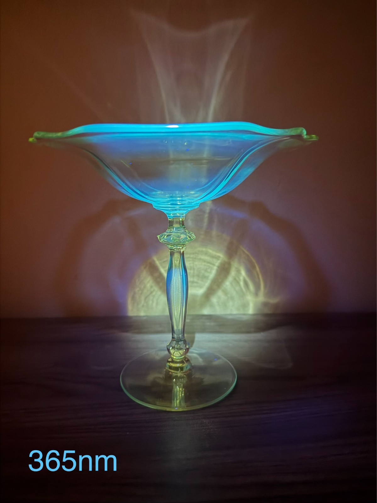 DUAL UV OOAK RARE VASELINE CRYSTAL STANDING COMPOTE BY CAMBRIDGE