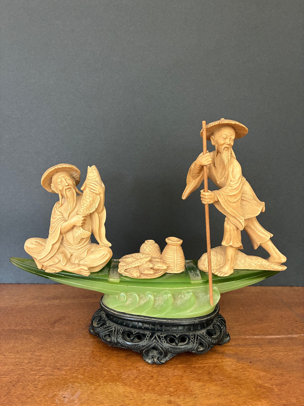 Two Vintage Chinese Fishermen Oriental Boat Rare