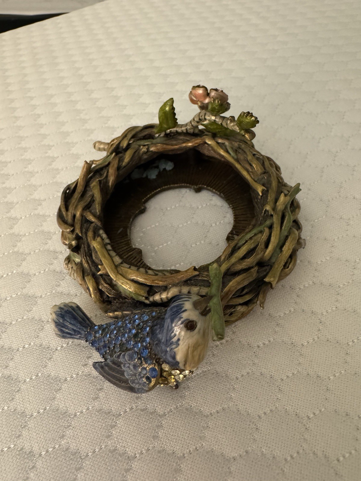 Jay Strongwater Blue Bird Nest Votive Candle Holder Swarovski Crystals Enamel