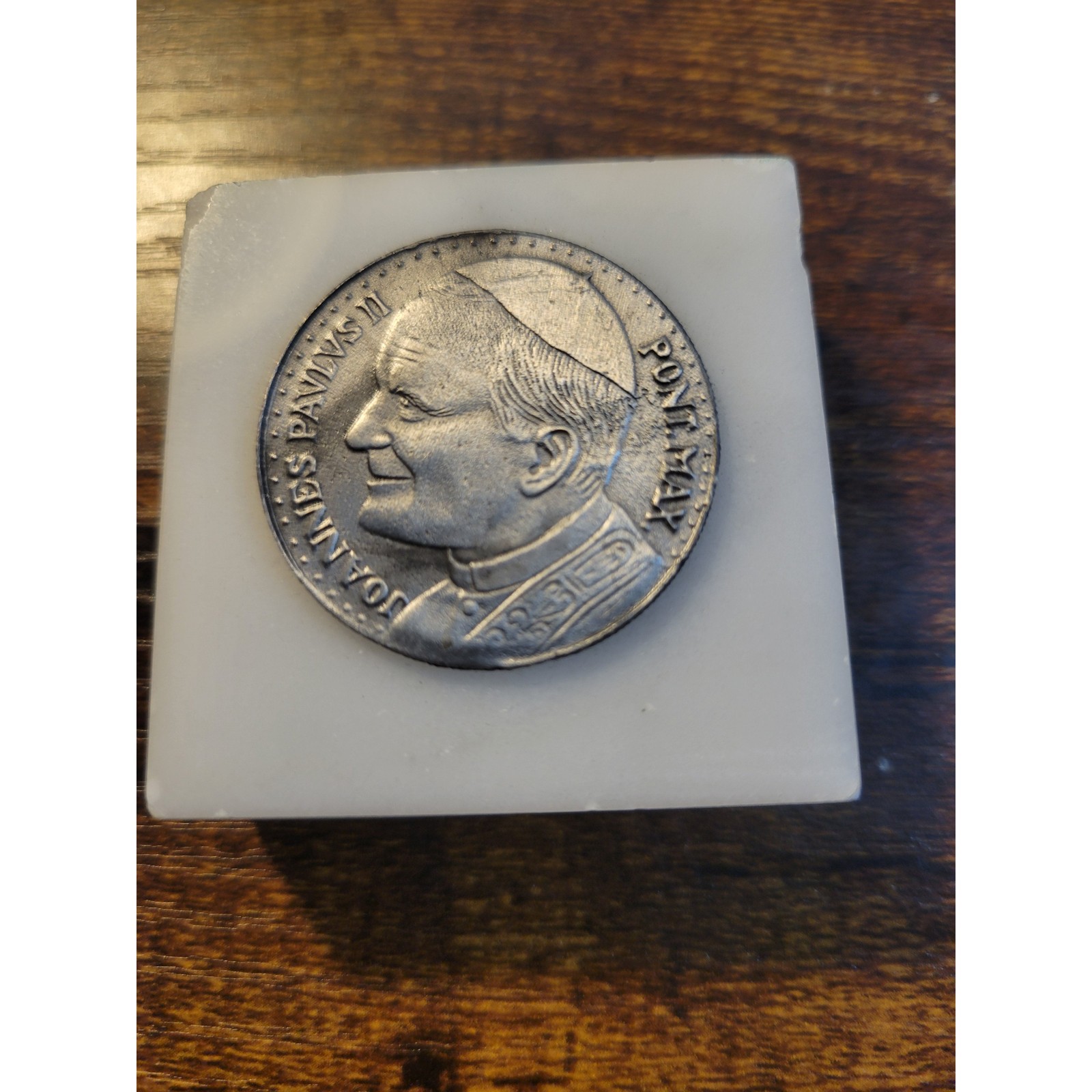 Vintage Pope John Paul II Silver toned Coin Medal marble paperweight