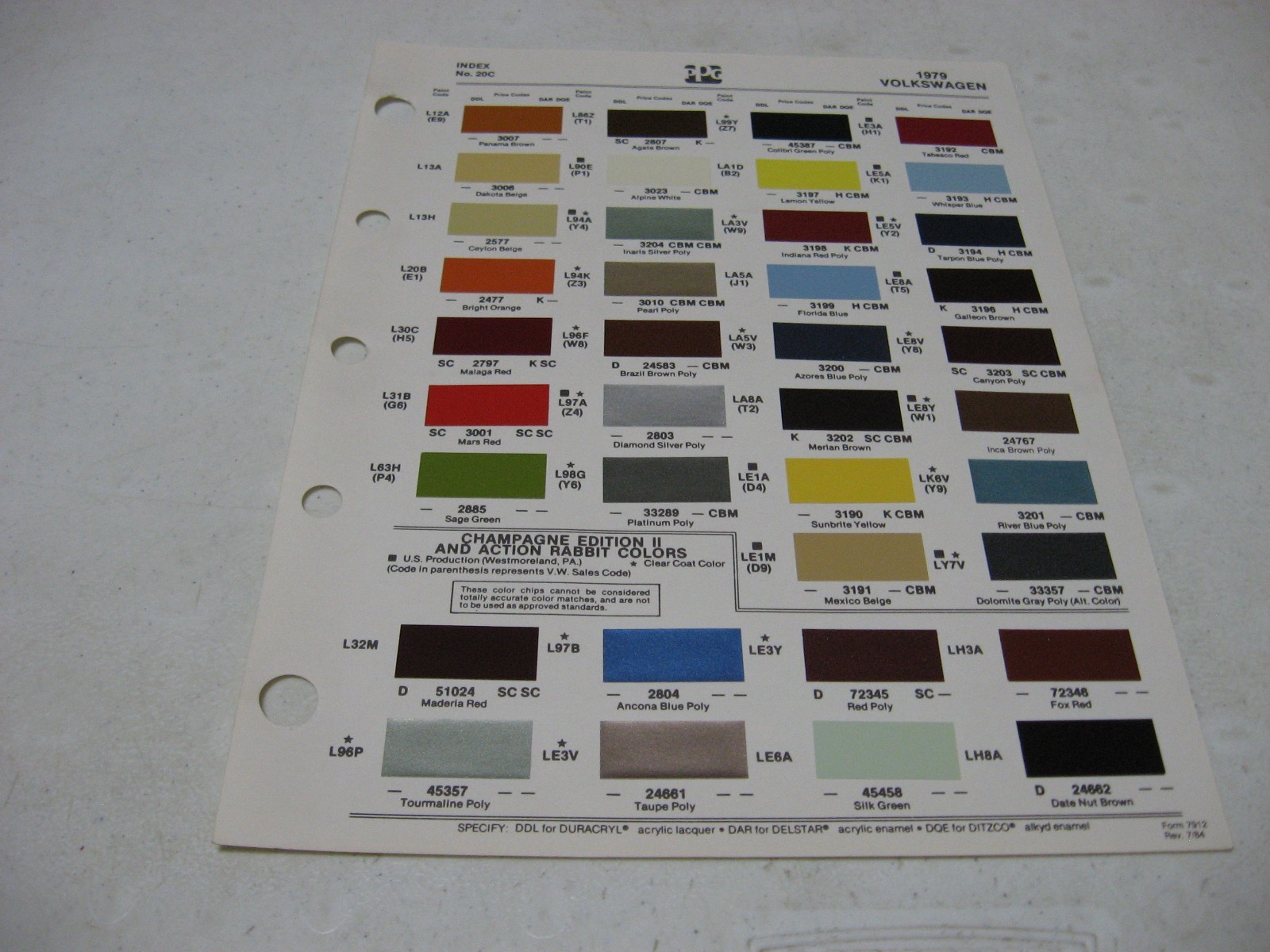 1979 Volkswagen Original PPG Ditzler 1 Page Paint Color Chip Chart