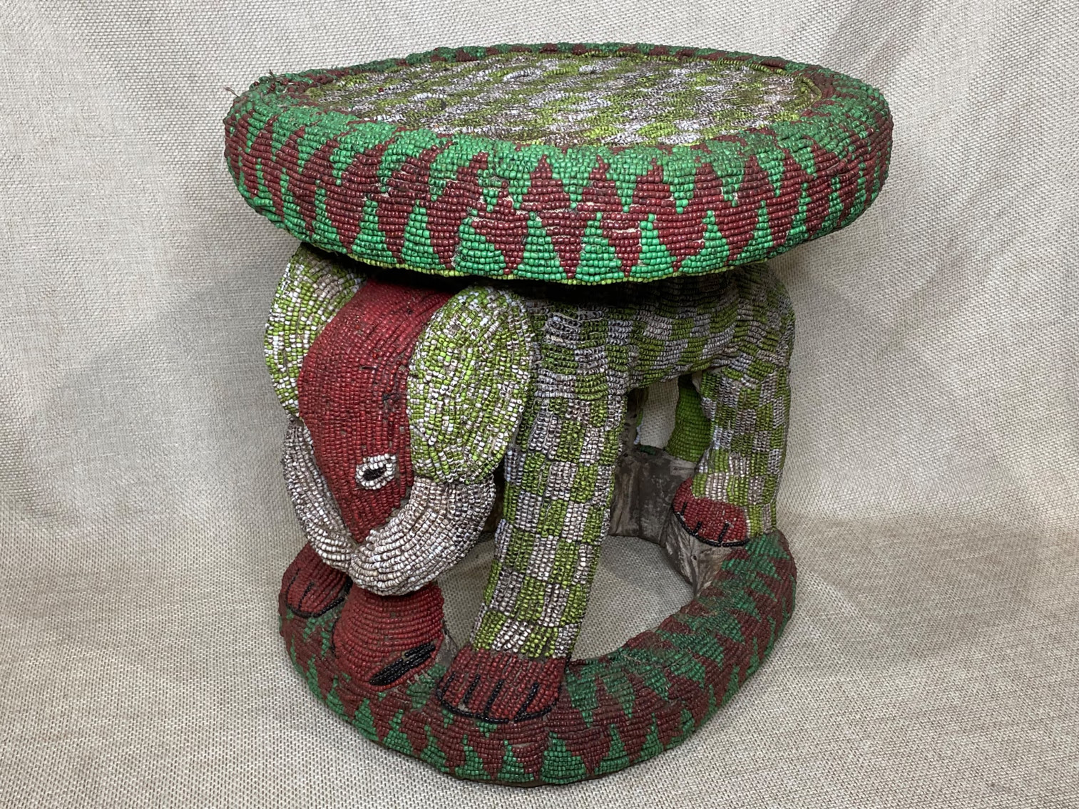 LARGE AFRICAN ART BEADED BAMILEKE ELEPHANT STOOL FROM CAMEROON