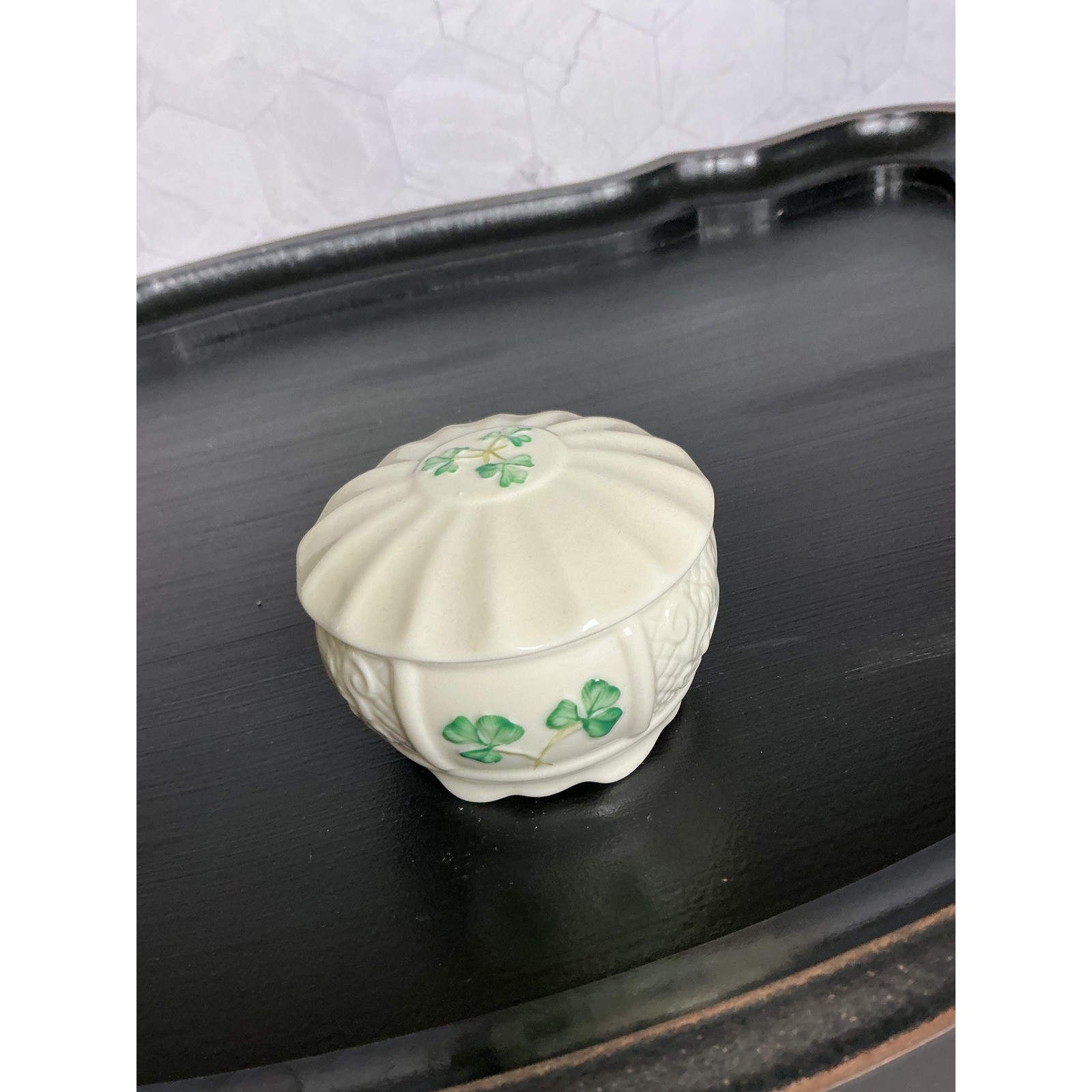 Belleek Ireland Shamrock Trinket Box Parian China Lidded Jewelry Dish Blue Mark Belleek Ireland Shamrock Trinket Box Parian China Lidded Jewelry Dish Blue Mark