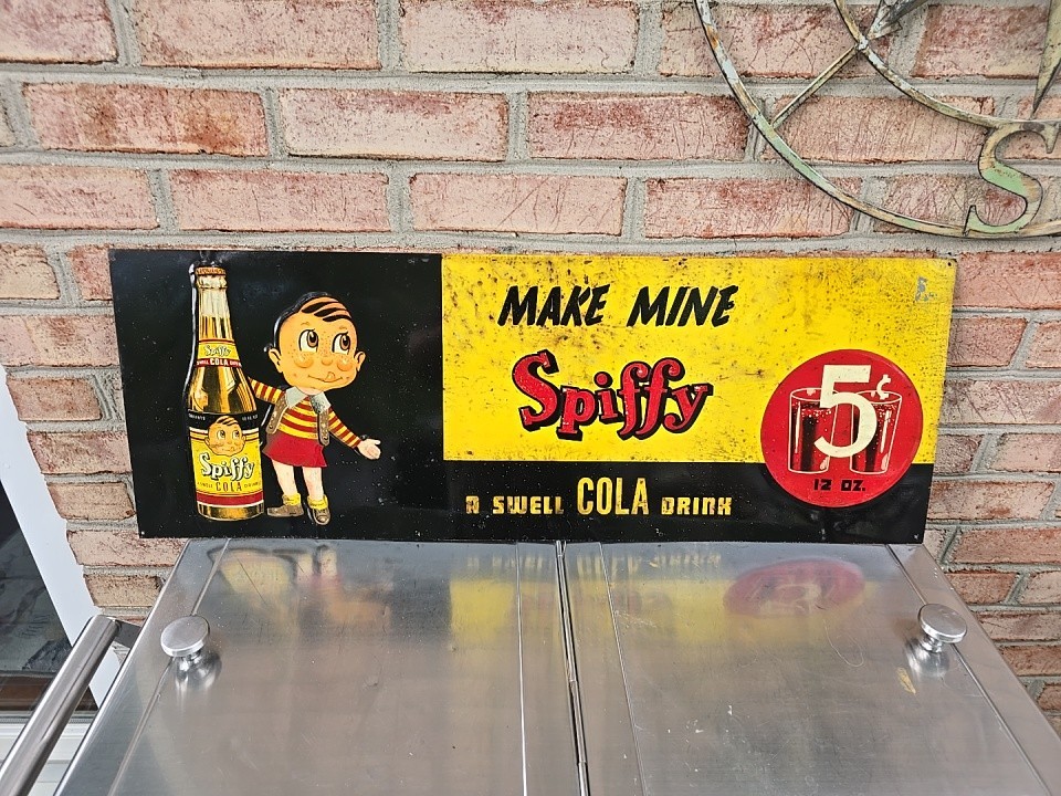 Orig 1940s Spiffy 5 Cent Cola Embossed Advertising Sign Spiffy Boy Country Store Orig 1940s Spiffy 5 Cent Cola Embossed Advertising Sign Spiffy Boy Country Store