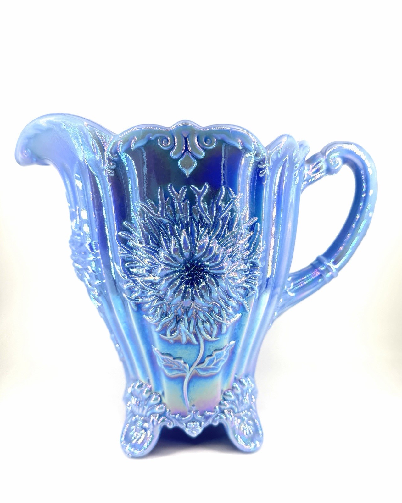 Vintage Mosser Glass Carnival Delphite Blue Dahlia Pitcher 48 oz.