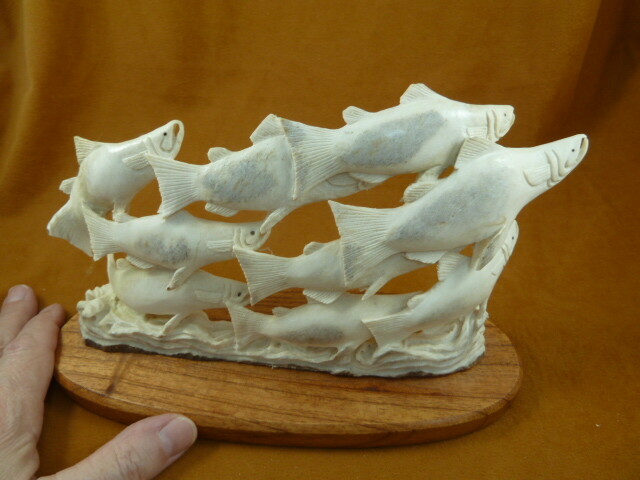 FISH-W9) school of 9 Salmon fish shed ANTLER figurine Bali detailed carving