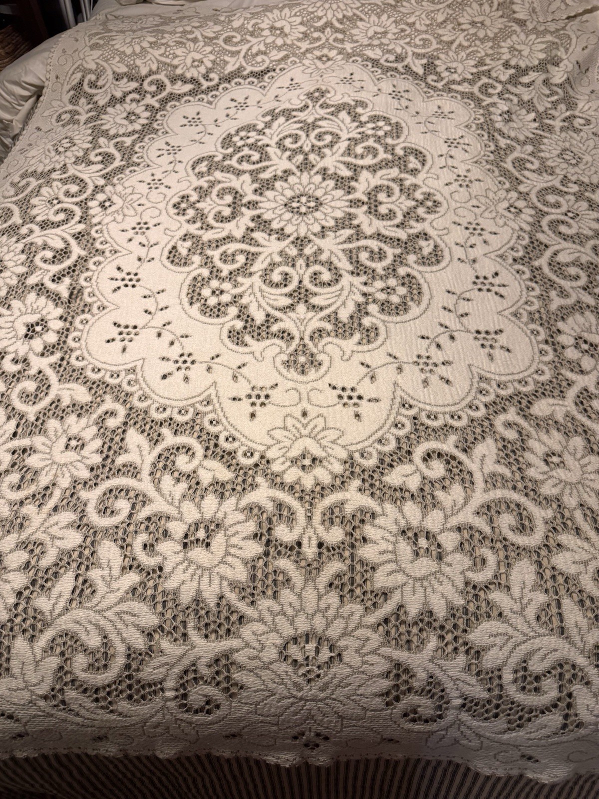 Vintage French Lace Tablecloth 48x70 Floral Cream Made in France Cottagecore