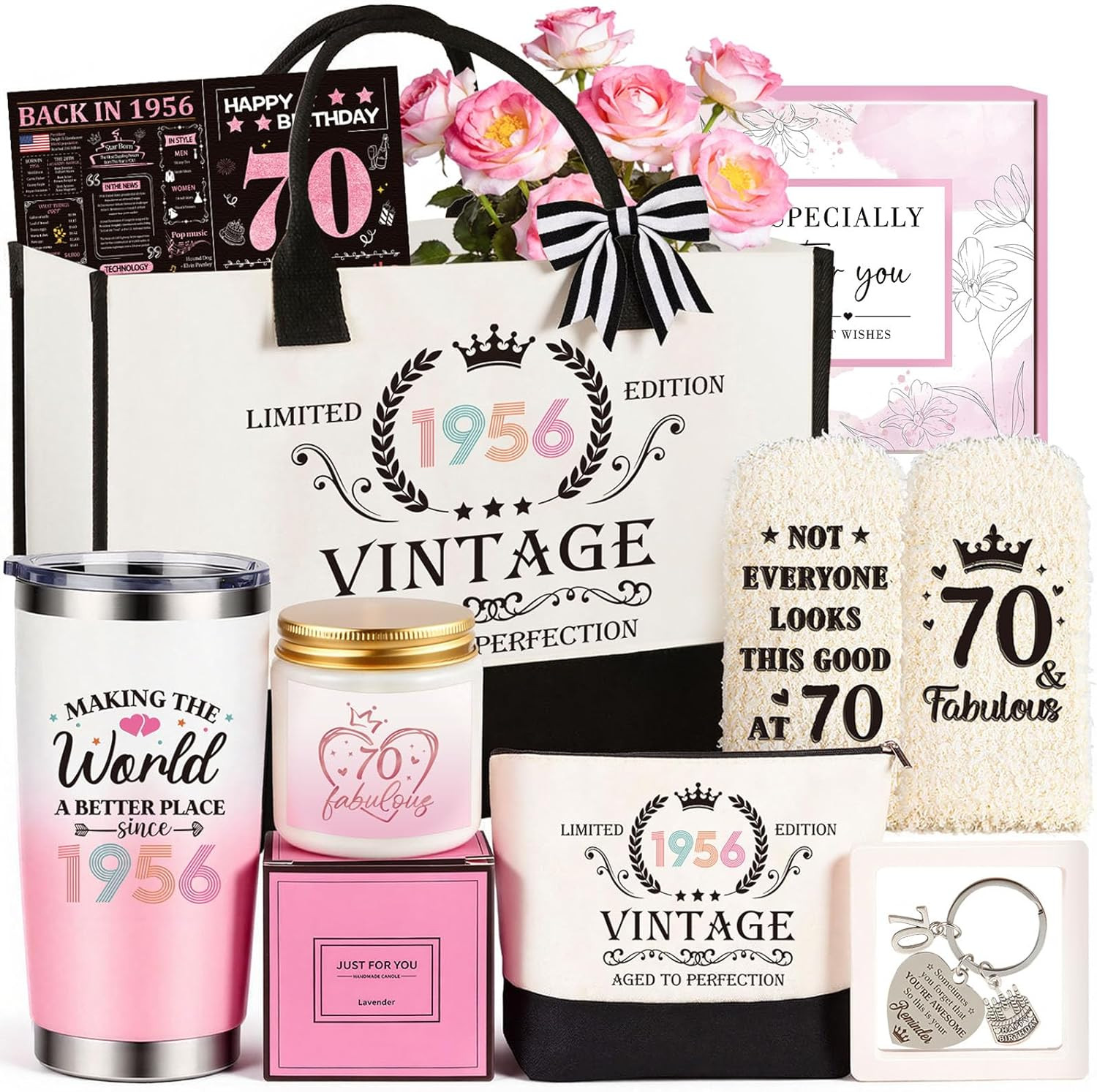 70Th Birthday Gifts for Women, Vintage 1956 Happy 70Th Birthday Gifts Basket 70Th Birthday Gifts for Women, Vintage 1956 Happy 70Th Birthday Gifts Basket