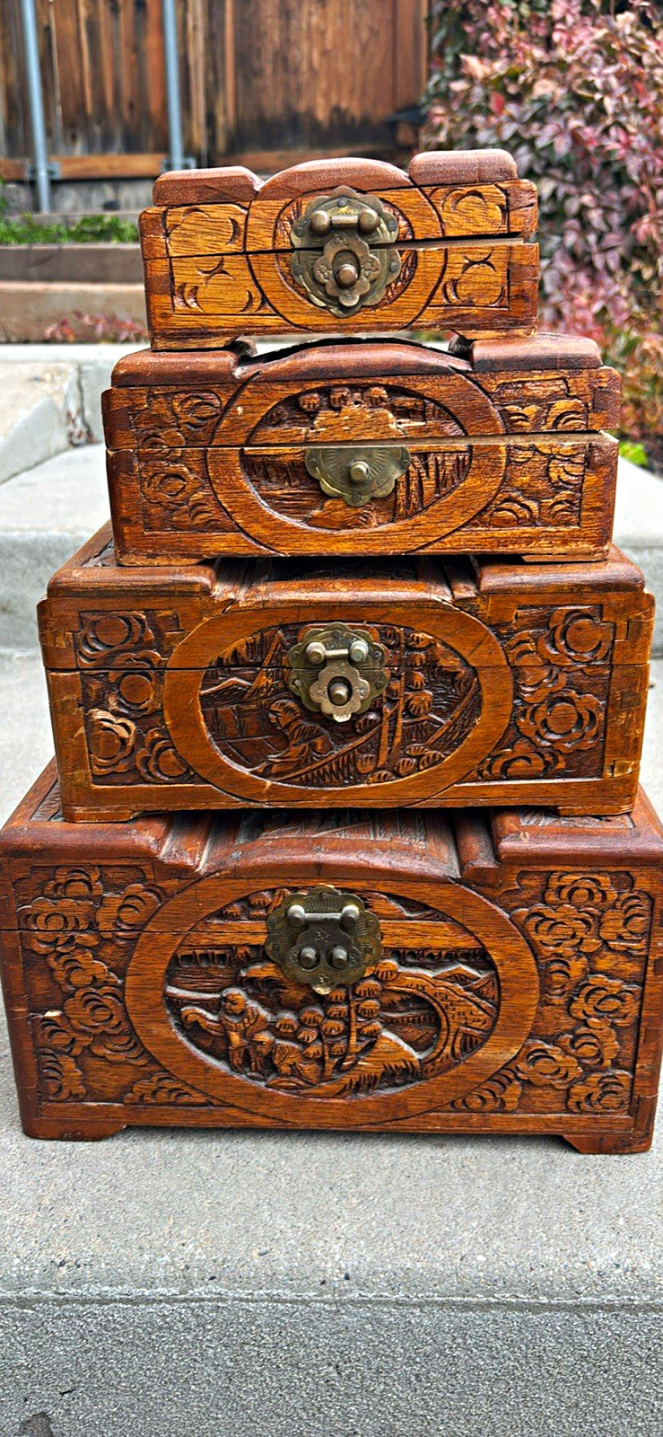 Vintage Hand Carved Chinese Wooden jewelry box 4pc Vintage Hand Carved Chinese Wooden jewelry box 4pc