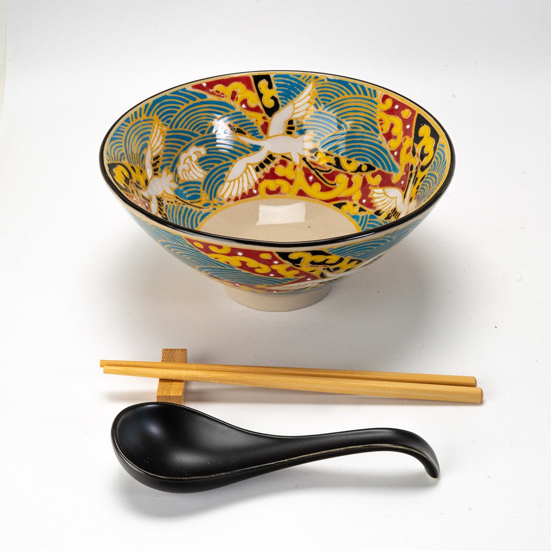 Japanese Crane Ceramic Ramen Rice Bowl With Soup Spoon Chopsticks And Rest Set