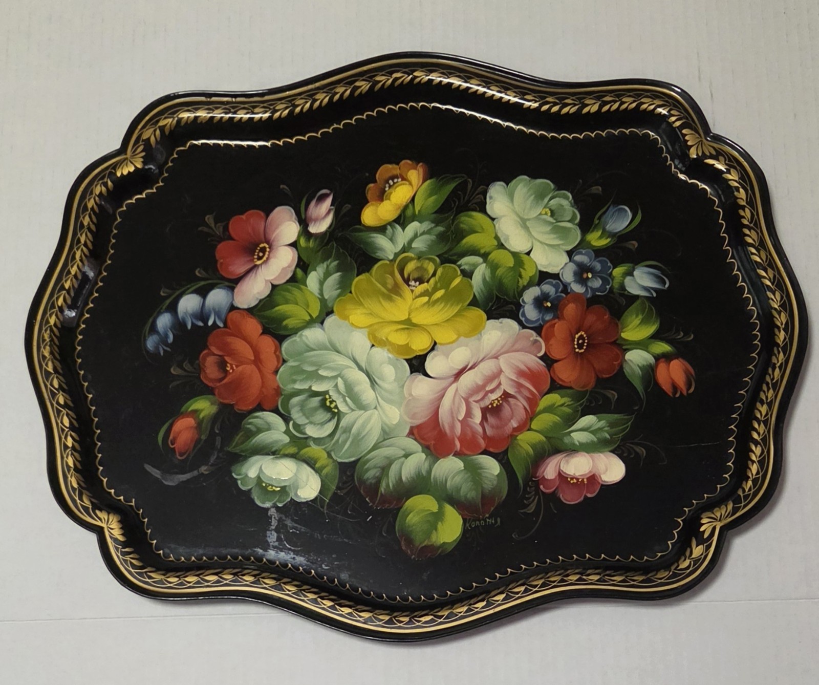 Vintage USSR Zhostovo Floral Tole Tray Hand Painted Signed Soviet Folk Art Stamp Vintage USSR Zhostovo Floral Tole Tray Hand Painted Signed Soviet Folk Art Stamp