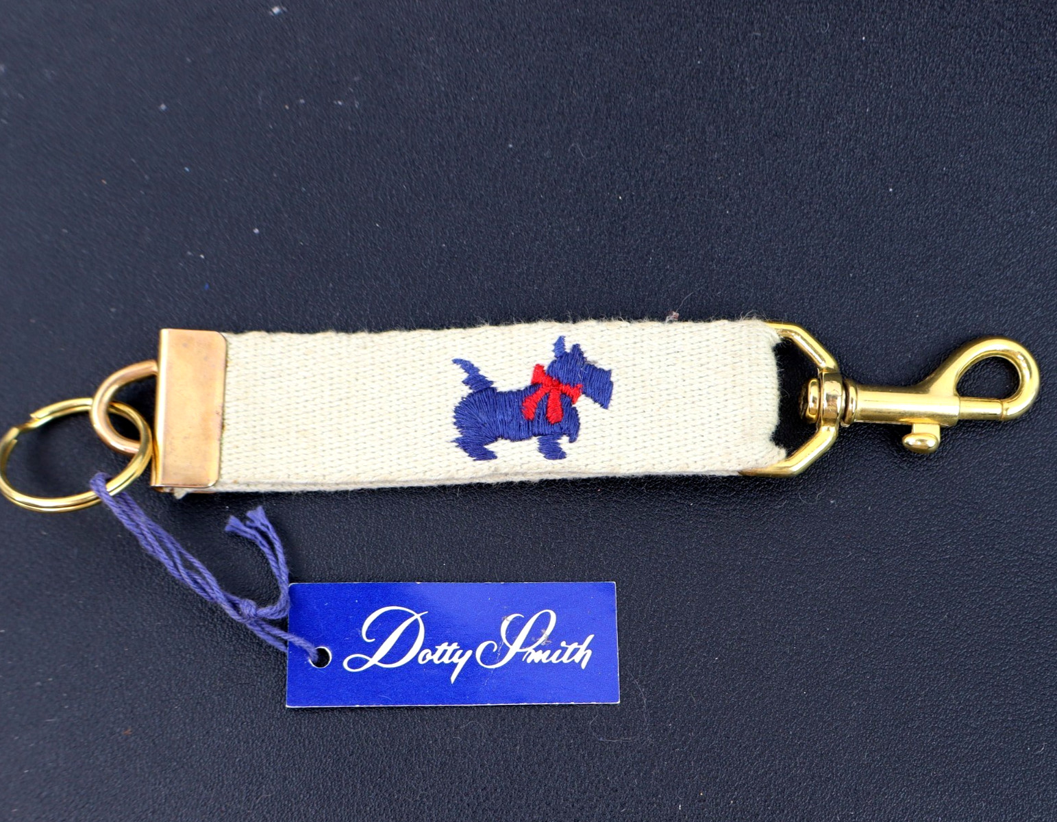 Vintage 1980s Dotty Smith Embroidered Scotty Dog Key Fob Holder Keychain w/ tag