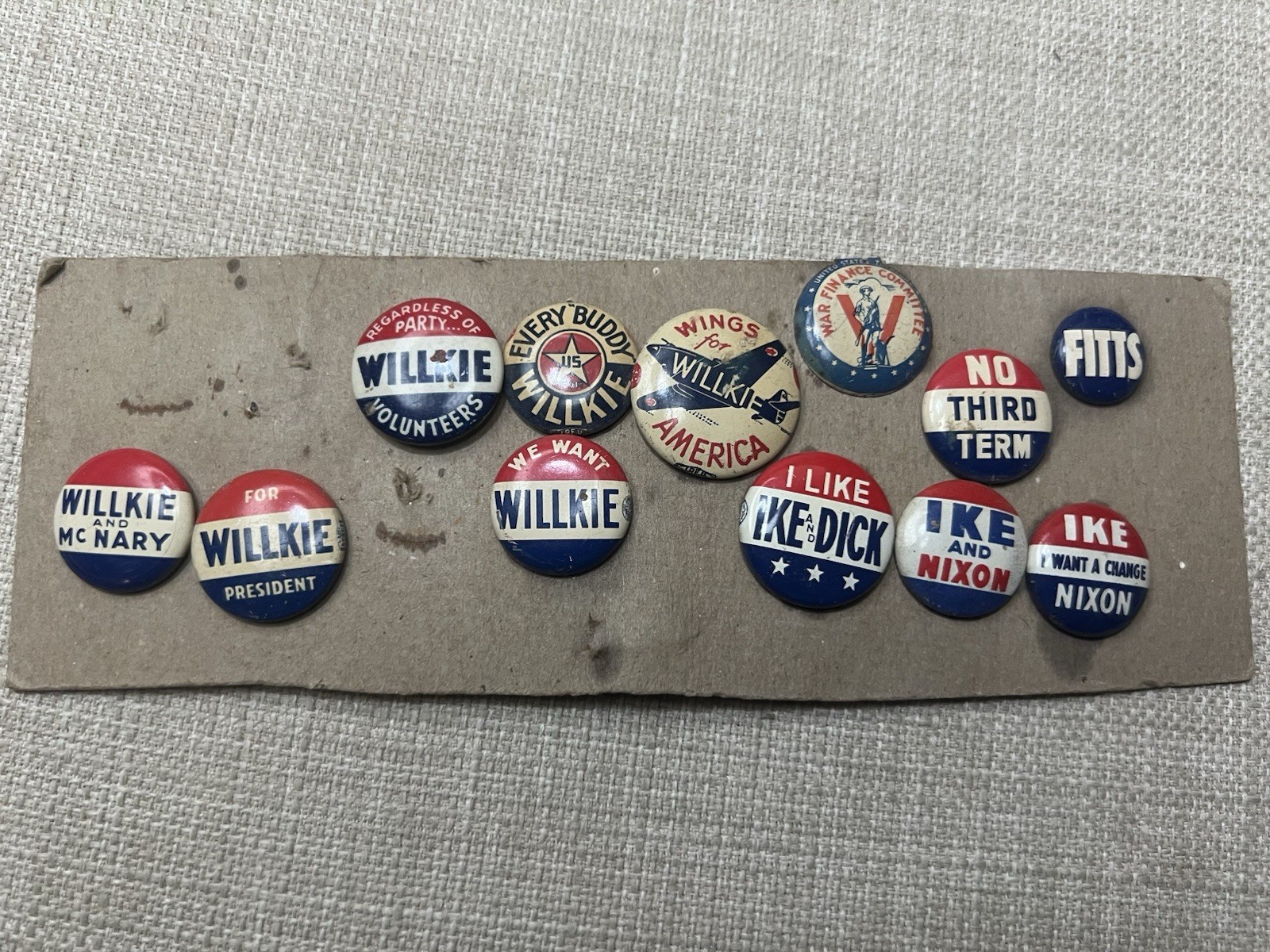 Vintage 40s-50s Political Pins-Wilkie, Ike, Nixon, Fitts, War Finance Committee