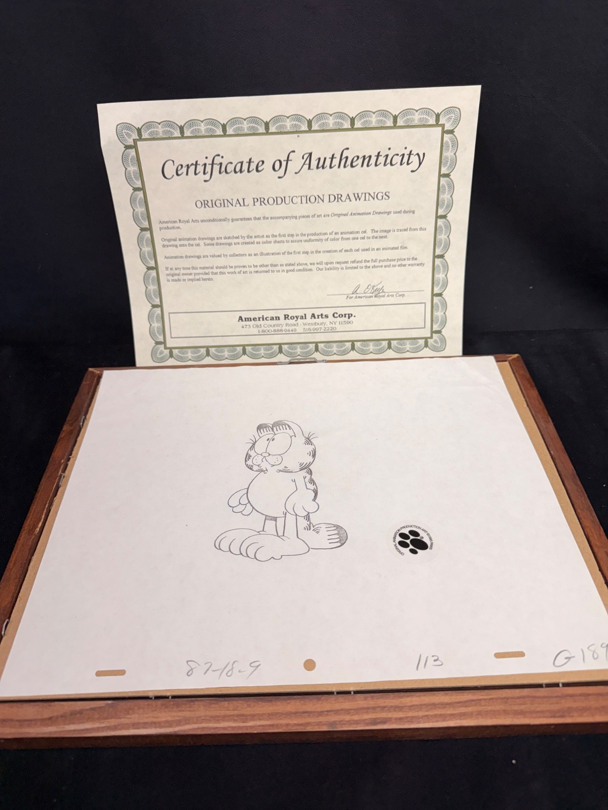 Garfield OPD 9-18-87 #113 #G189 Certificate of Authenticity COA Framed
