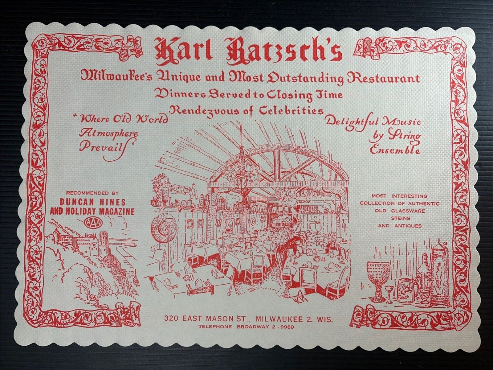 Vtg Karl Ratzsch\'s Milwaukee\'s  Restaurant WI Wisconsin 1950’s Paper Placemat