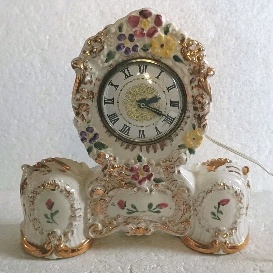 Vintage Ceramic Porcelain Mantel Clock Lanshire Movement Floral 22k Gold Working