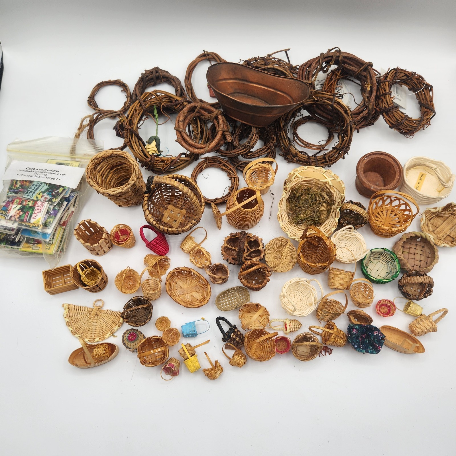 Lot Dollhouse Woven Rustic Handmade Baskets, Wreaths, Gardening Books Miniature Lot Dollhouse Woven Rustic Handmade Baskets, Wreaths, Gardening Books Miniature