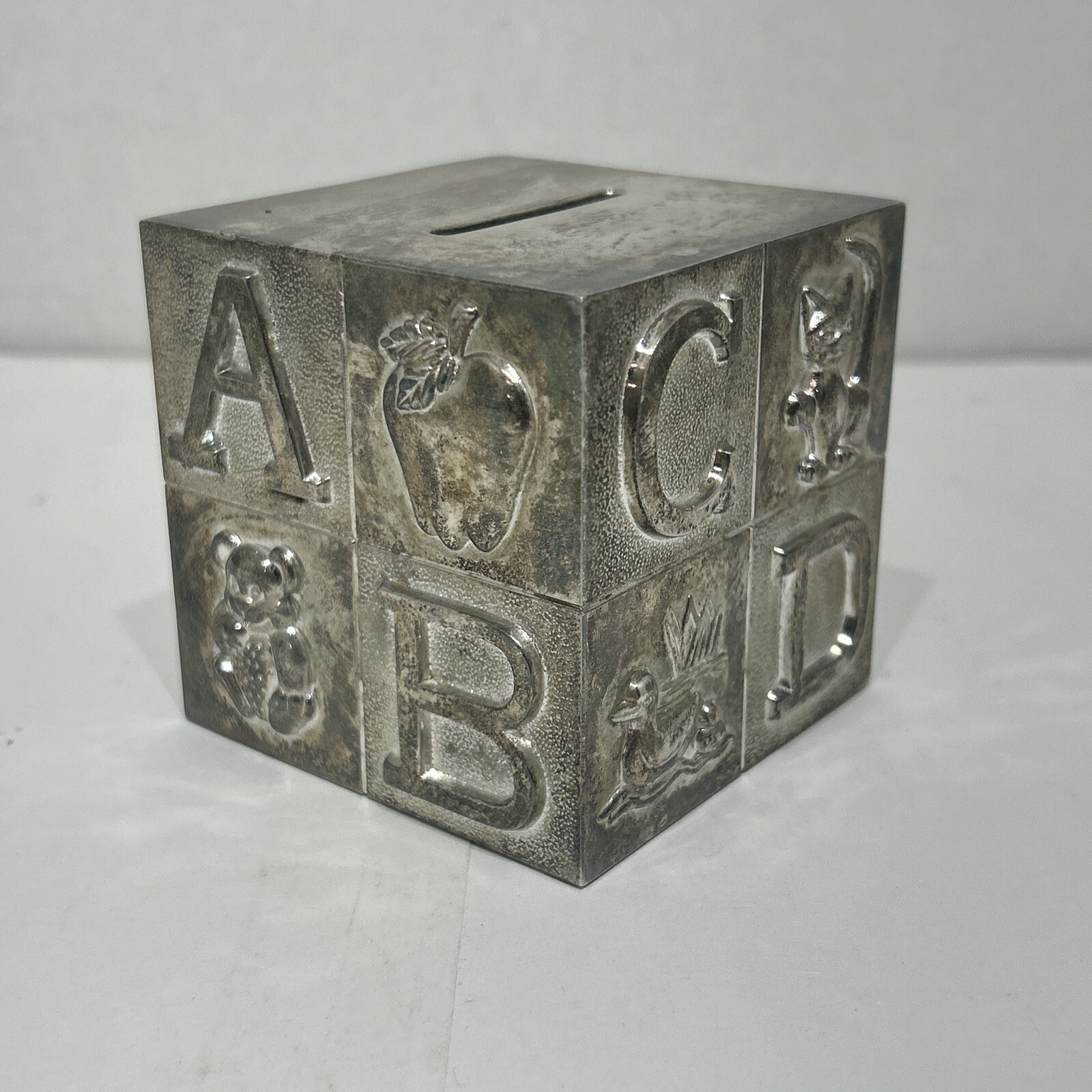 SILVER PLATED ALPHABET CUBE CHILD\'S BANK
