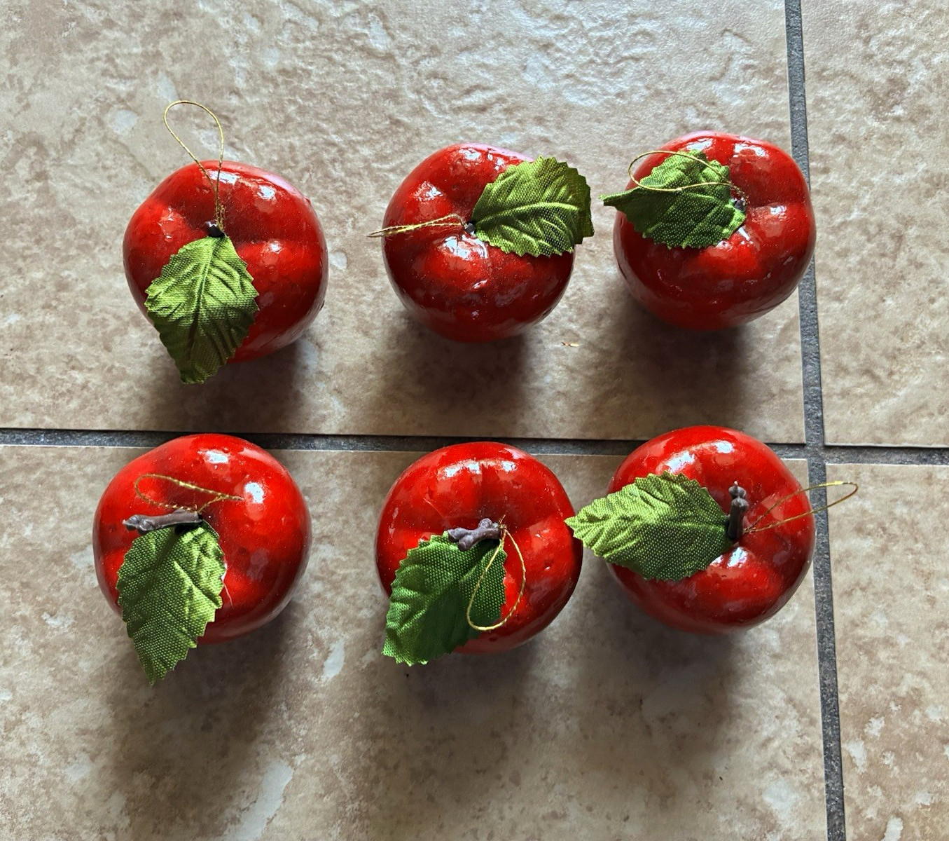 Vintage Shiny Red Apple Christmas Ornaments Lot of 6 Faux Lacquer Fruit Retro