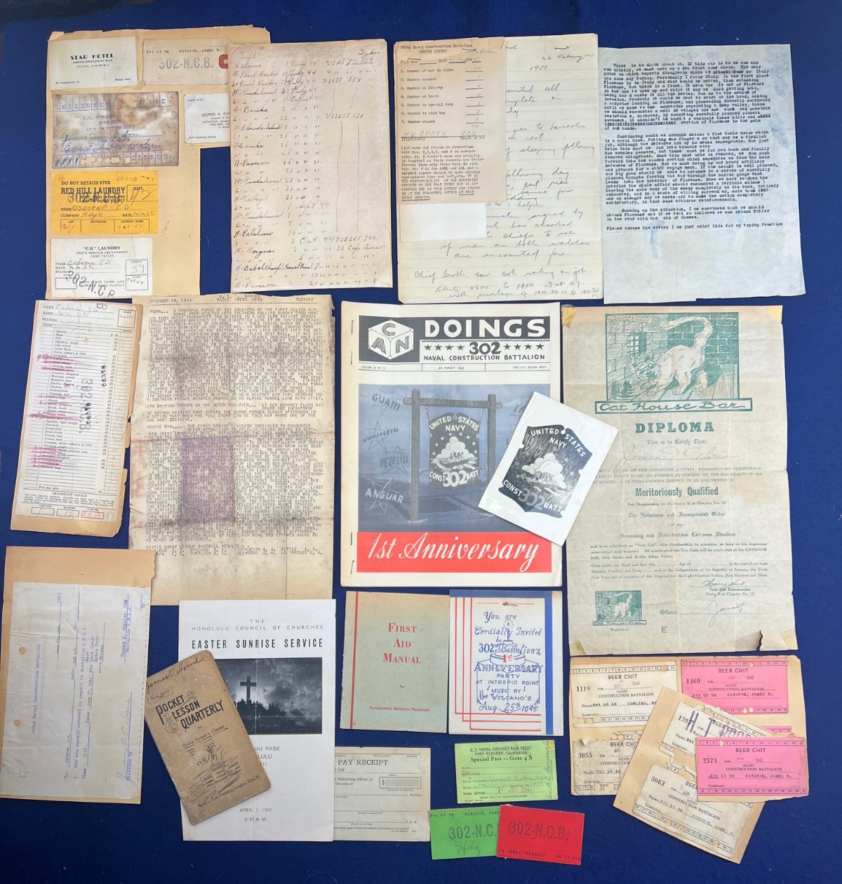 WWII Identified Seabee Lot Photo 302nd Beer Chit Cat House Muster Roster + More
