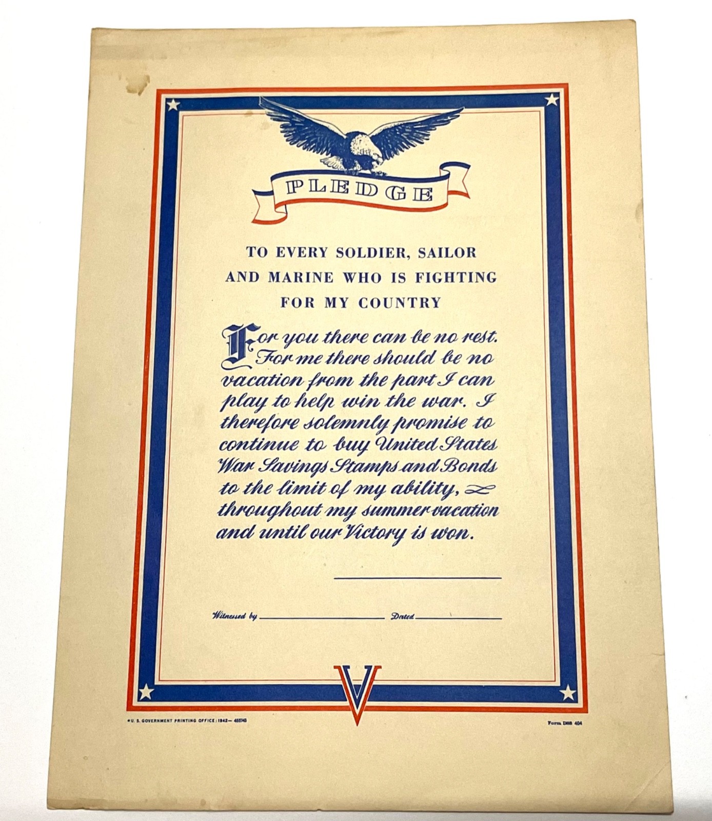 1942 WWII War Bonds School Pledge Poster Unused US Government GPO Home Front