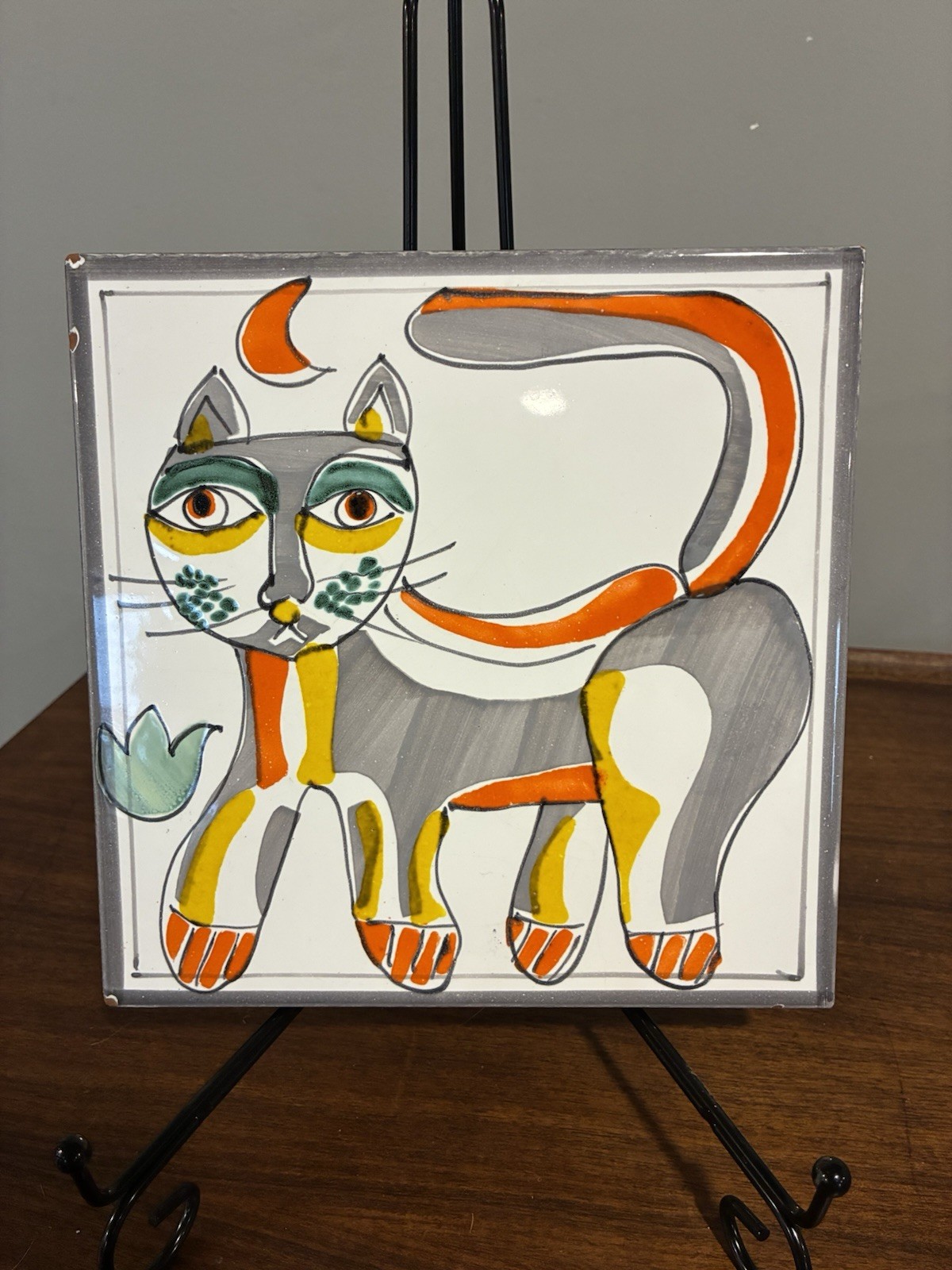 Vintage DeSimone Style Italian 8 X 8 Wall Clay Tile Italy Hand Painted Cat Art