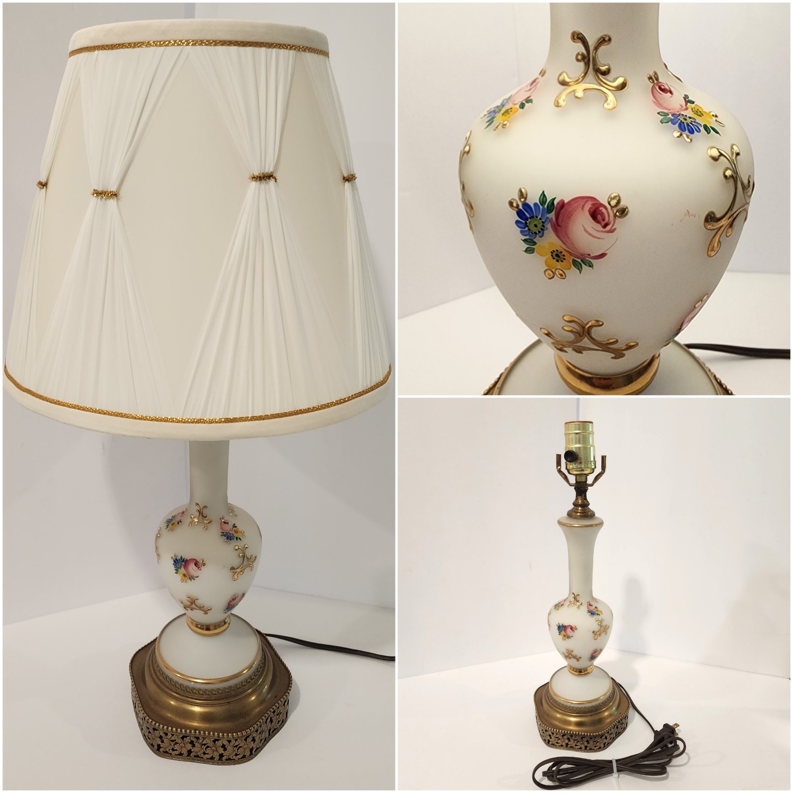 Vintage Elegant French Style Boudoir Table Lamp White w/ Floral & Gold Accents