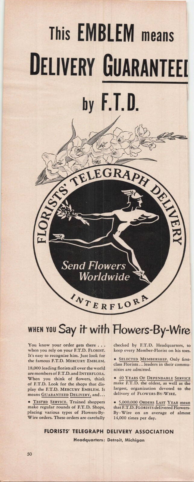 1952 VTG Print Ad Emblem Guaranteed FTD Florists Telegraph Delivery Interflora