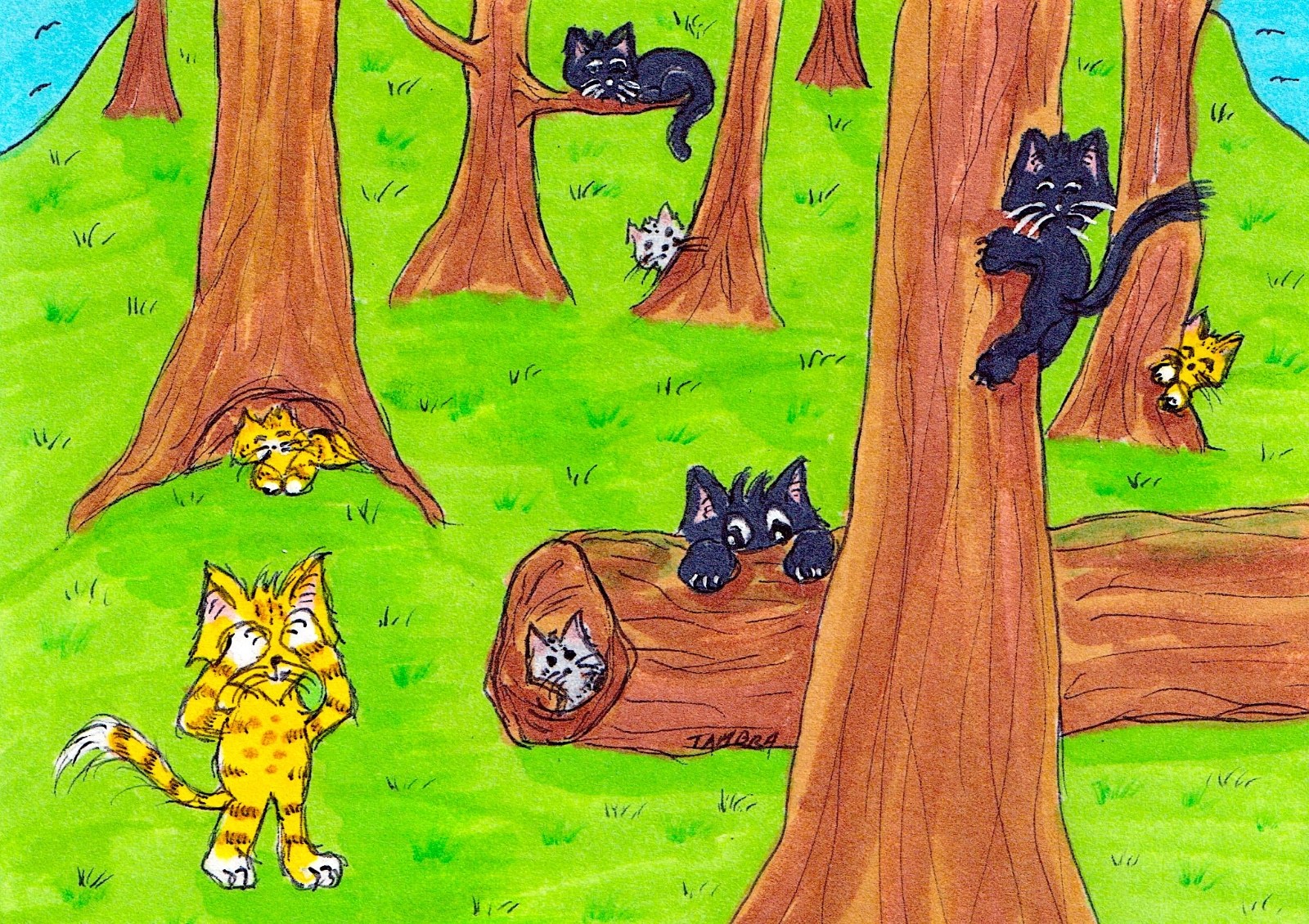 Tambra ACEO Original Art Painting Tabby Cats Black Cats Forest Hide N Seek