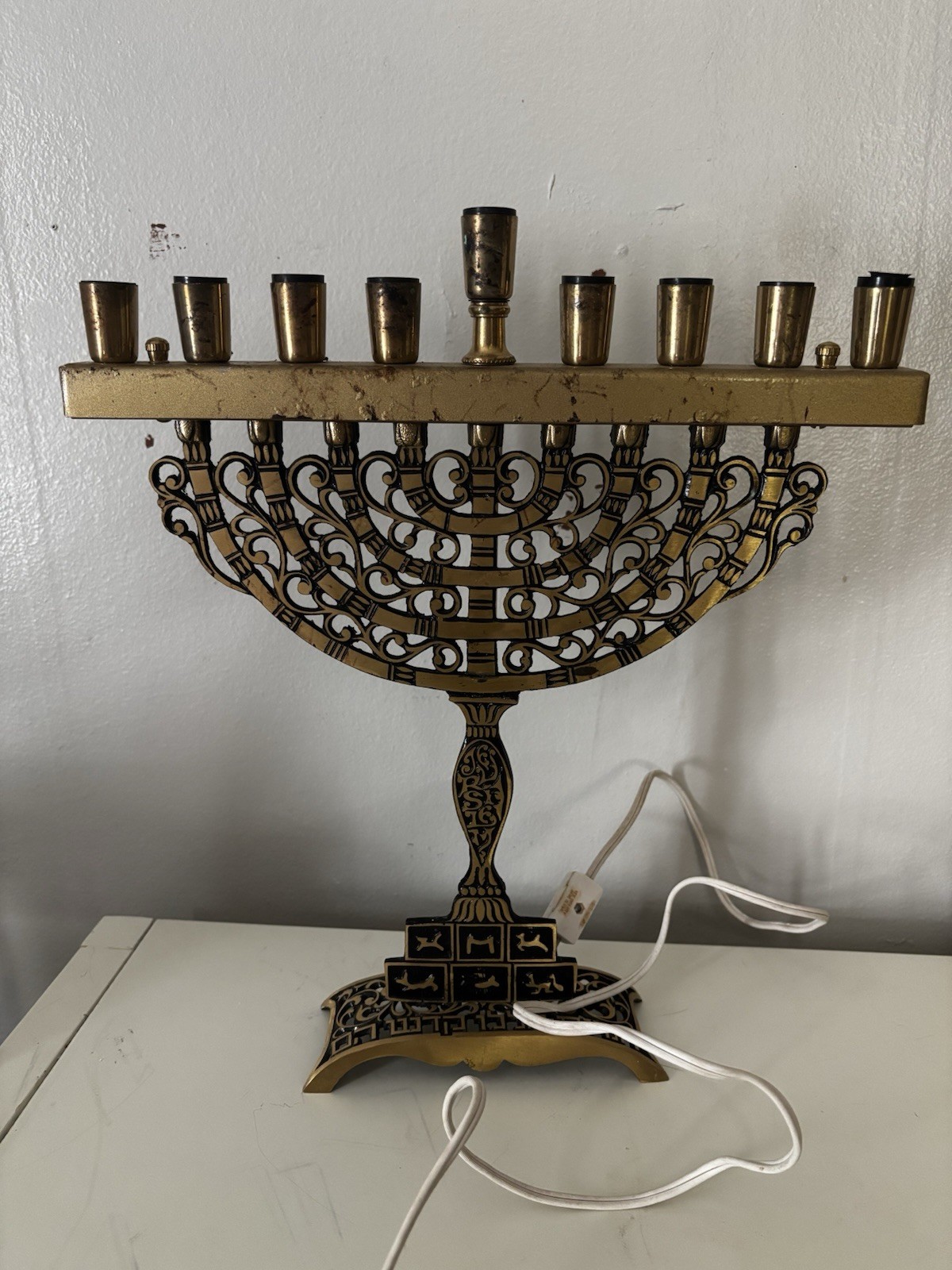 Vintage Electric Oppenheim Israel Brass Jewish Menorah Jerusalem Engraved Works