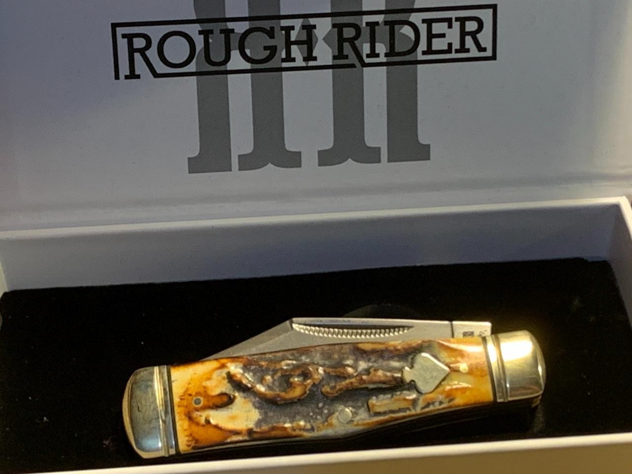 Rough Rider Cinnamon Bone Damascus Coke Bottle 3 5/8\