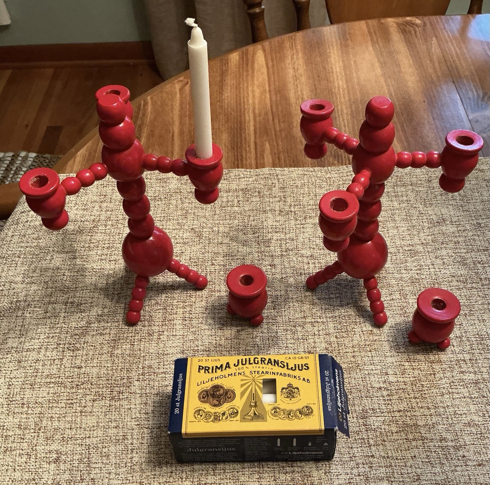 Vintage Swedish Red Wooden Candelabra Set MCM Scandinavian Christmas Folk Art