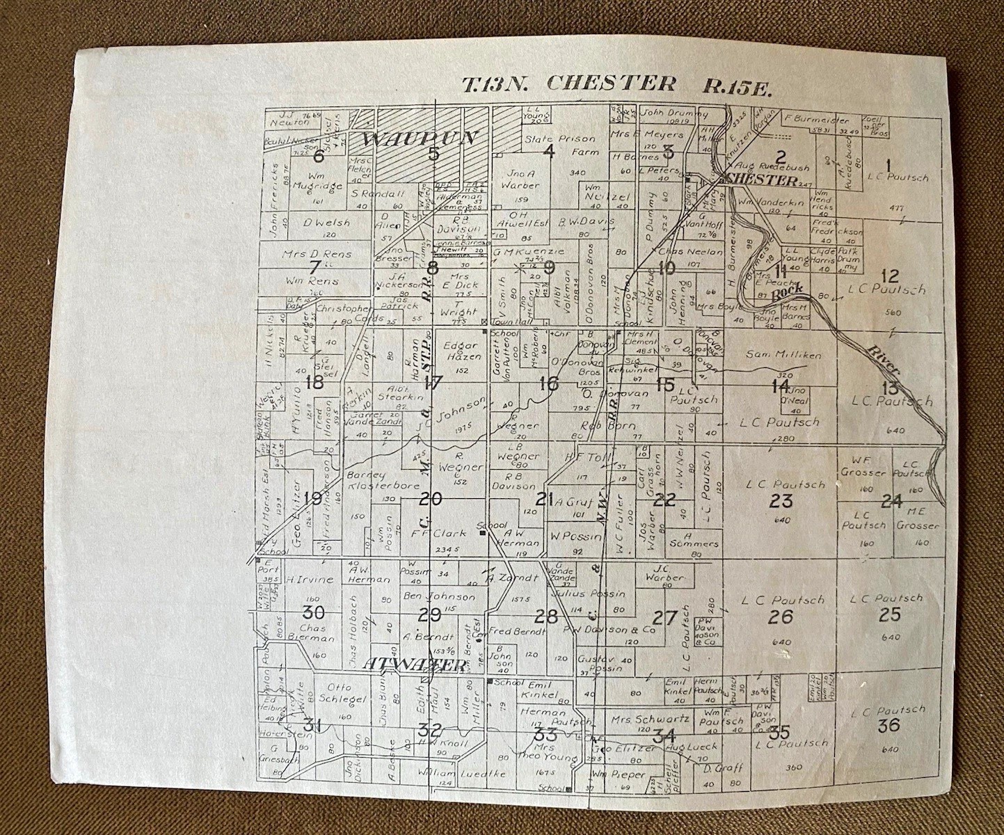 Original 1921 Chester Township Dodge County Wisconsin Plat Map Waupun Atwater