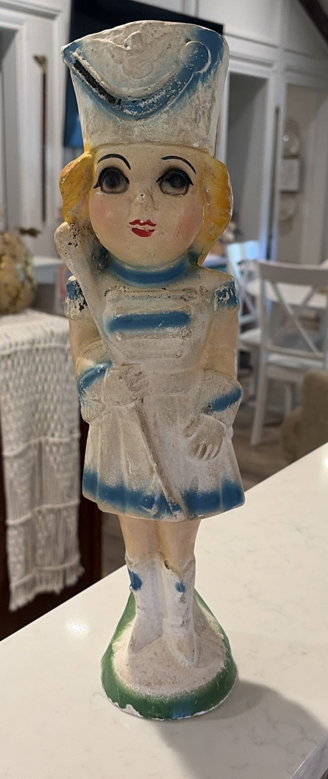 Vintage 40’s Carnival Chalkware 15.5” Blue & White Majorette Statue