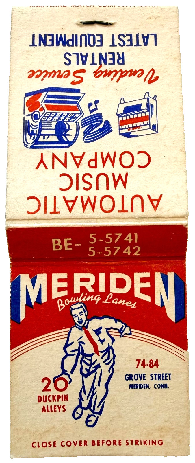 1950s Meriden Bowling Lanes Matchbook Duckpin Bowling Connecticut Jukebox