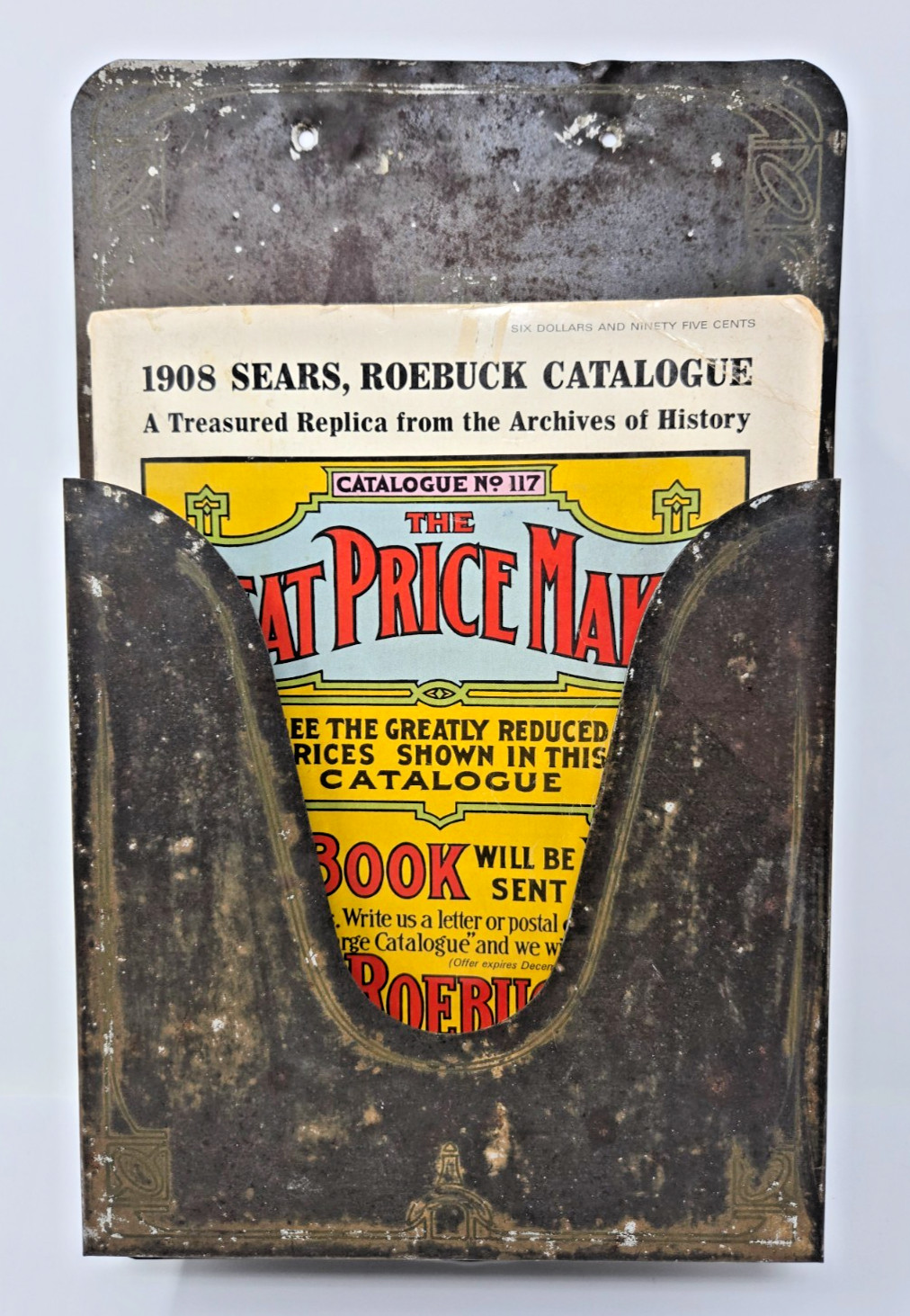 Antique Sears Roebuck & Co. Chicago Tin Advertising Wall Mount Caddy + Catalog Antique Sears Roebuck & Co. Chicago Tin Advertising Wall Mount Caddy + Catalog