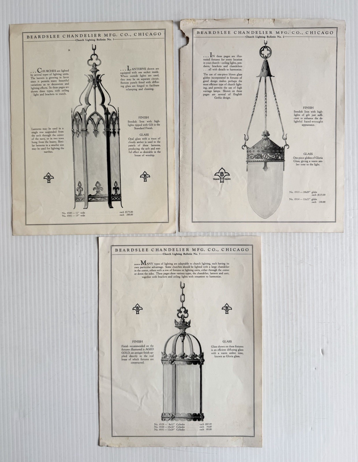 3 Vintage Beardslee Chandelier 1930 Art Deco Church Lighting Bulletin Brochures