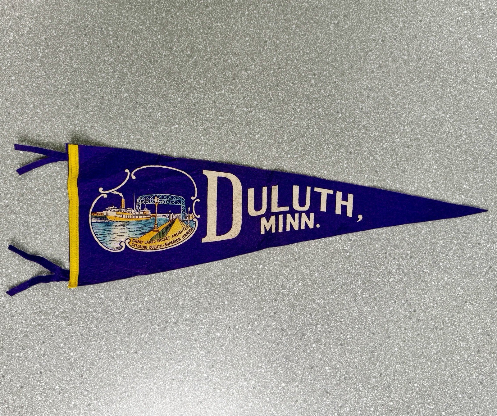 Vintage Duluth Minnesota Felt Pennant Great Lakes Ship Souvenir Purple Decor
